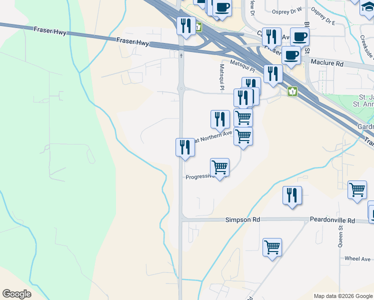 map of restaurants, bars, coffee shops, grocery stores, and more near 2602 Mount Lehman Road in Abbotsford