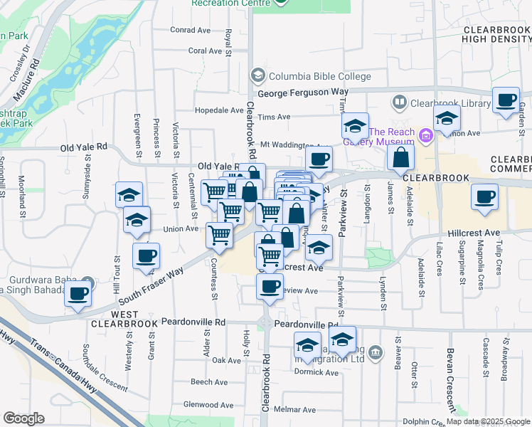 map of restaurants, bars, coffee shops, grocery stores, and more near 32015 South Fraser Way in Abbotsford