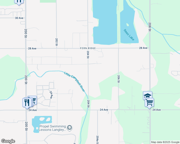 map of restaurants, bars, coffee shops, grocery stores, and more near 2650 204 Street in Langley