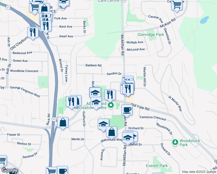 map of restaurants, bars, coffee shops, grocery stores, and more near 2651 Macbeth Crescent in Abbotsford