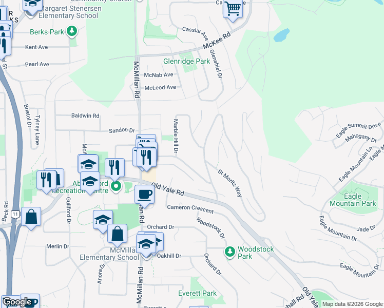 map of restaurants, bars, coffee shops, grocery stores, and more near 2802 Marble Hill Drive in Abbotsford