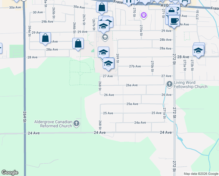 map of restaurants, bars, coffee shops, grocery stores, and more near in Langley Township