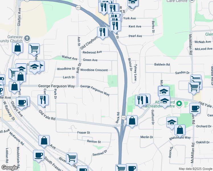 map of restaurants, bars, coffee shops, grocery stores, and more near 2655 Stewart Crescent in Abbotsford