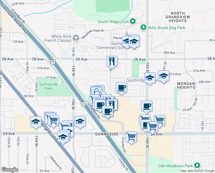 map of restaurants, bars, coffee shops, grocery stores, and more near 2655 158 Street in Surrey