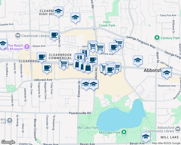 map of restaurants, bars, coffee shops, grocery stores, and more near 32700 South Fraser Way in Abbotsford