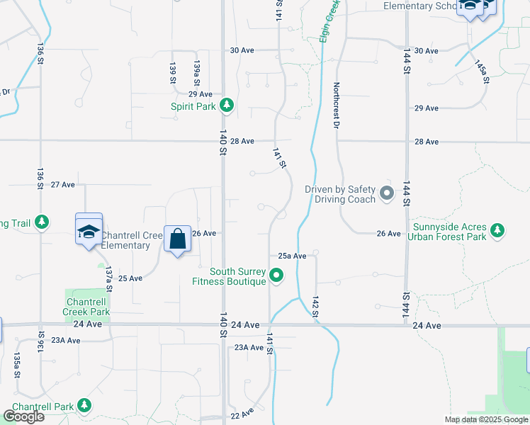 map of restaurants, bars, coffee shops, grocery stores, and more near 14090 26A Avenue in Surrey