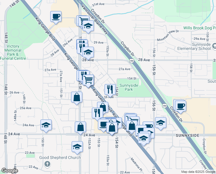 map of restaurants, bars, coffee shops, grocery stores, and more near 15355 26 Avenue in Surrey