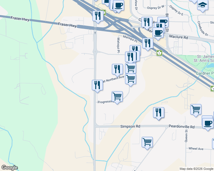 map of restaurants, bars, coffee shops, grocery stores, and more near 30468 Great Northern Avenue in Abbotsford