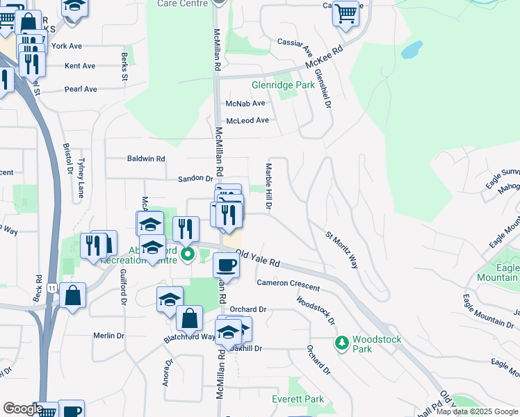 map of restaurants, bars, coffee shops, grocery stores, and more near 34899 Glenn Mountain Drive in Abbotsford