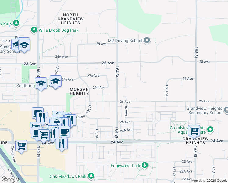 map of restaurants, bars, coffee shops, grocery stores, and more near 2653 164 Street in Surrey