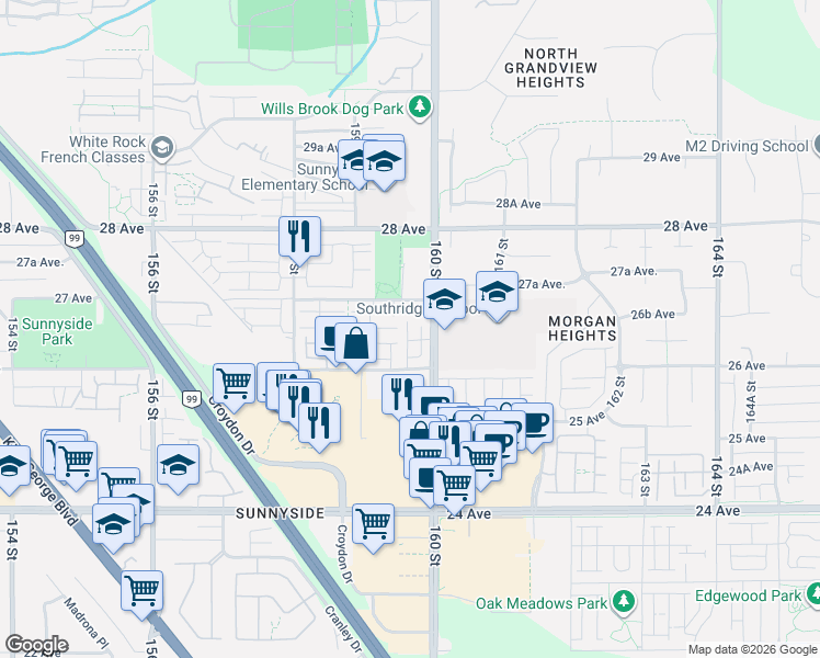 map of restaurants, bars, coffee shops, grocery stores, and more near 15977 26 Avenue in Surrey
