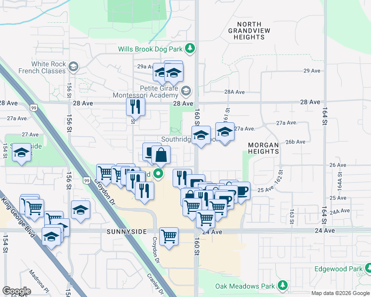 map of restaurants, bars, coffee shops, grocery stores, and more near 15977 26 Avenue in Surrey