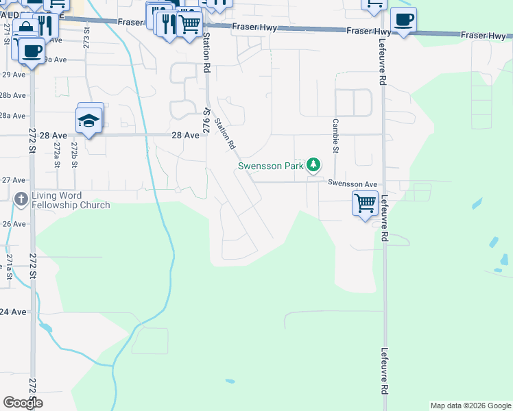 map of restaurants, bars, coffee shops, grocery stores, and more near 2640 Station Road in Abbotsford