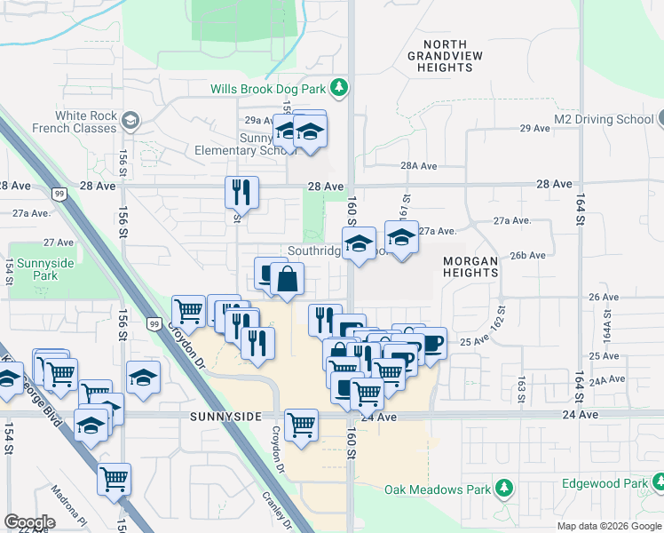 map of restaurants, bars, coffee shops, grocery stores, and more near 15977 26 Avenue in Surrey