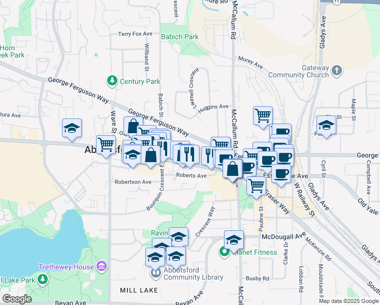 map of restaurants, bars, coffee shops, grocery stores, and more near 33452 Tessaro Crescent in Abbotsford