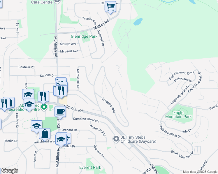 map of restaurants, bars, coffee shops, grocery stores, and more near 2720 Saint Moritz Way in Abbotsford
