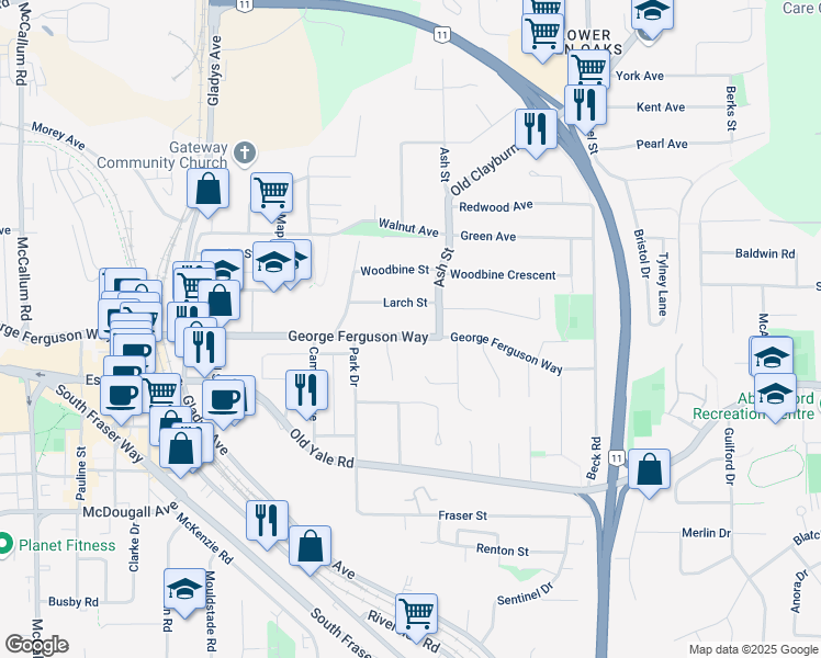 map of restaurants, bars, coffee shops, grocery stores, and more near 34158 George Ferguson Way in Abbotsford