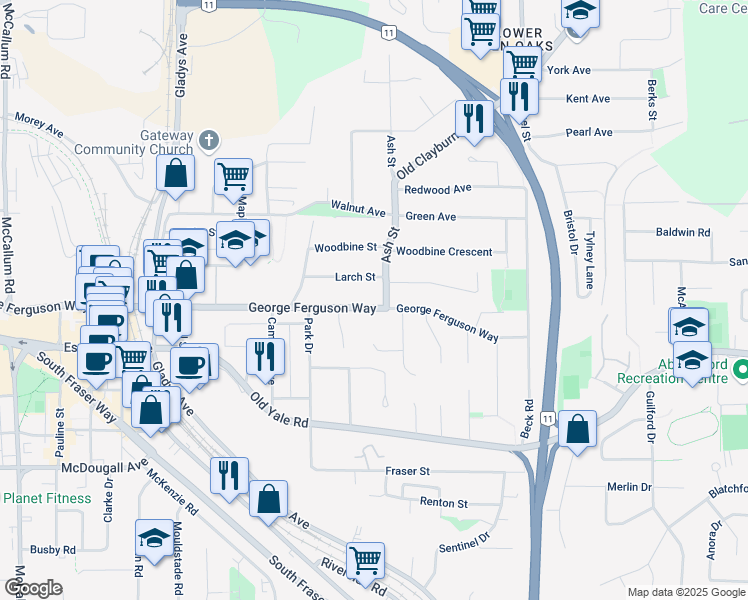 map of restaurants, bars, coffee shops, grocery stores, and more near 34121 George Ferguson Way in Abbotsford