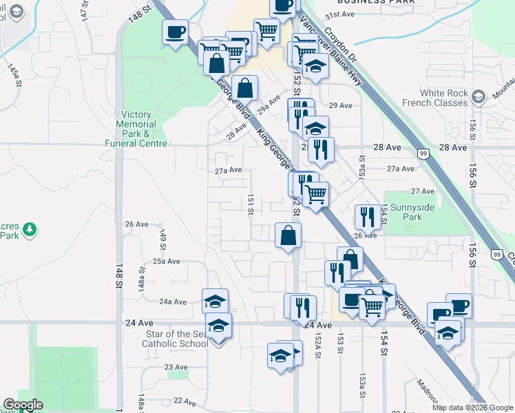 map of restaurants, bars, coffee shops, grocery stores, and more near 2672 151 Street in Surrey