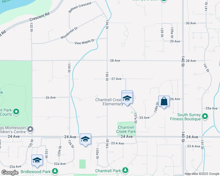 map of restaurants, bars, coffee shops, grocery stores, and more near 2670 136 Street in Surrey