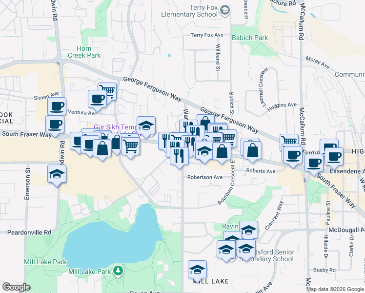map of restaurants, bars, coffee shops, grocery stores, and more near 2701 Ware Street in Abbotsford