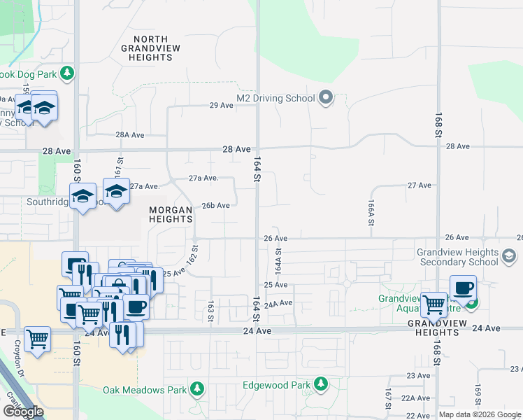 map of restaurants, bars, coffee shops, grocery stores, and more near 16412 26B Avenue in Surrey