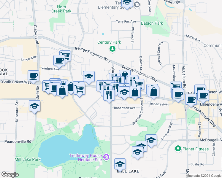 map of restaurants, bars, coffee shops, grocery stores, and more near in Abbotsford