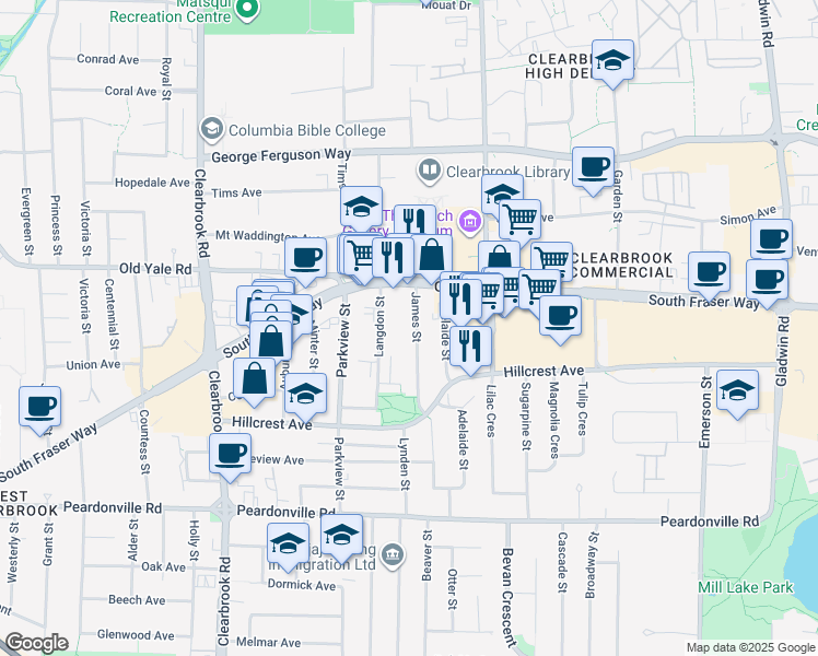 map of restaurants, bars, coffee shops, grocery stores, and more near 2649 James Street in Abbotsford