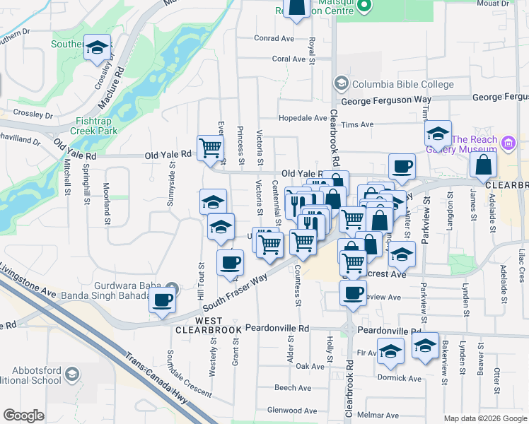 map of restaurants, bars, coffee shops, grocery stores, and more near 2660 Victoria Street in Abbotsford