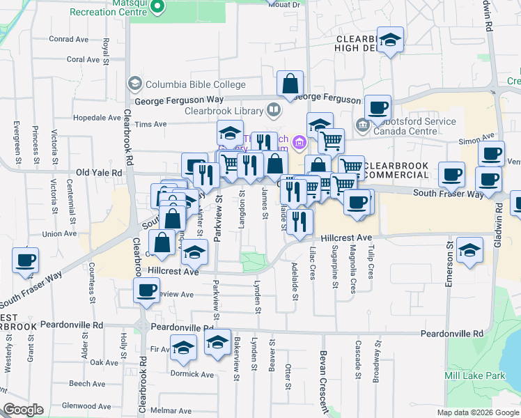 map of restaurants, bars, coffee shops, grocery stores, and more near 2649 James Street in Abbotsford