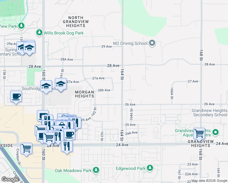map of restaurants, bars, coffee shops, grocery stores, and more near 16332 26B Avenue in Surrey