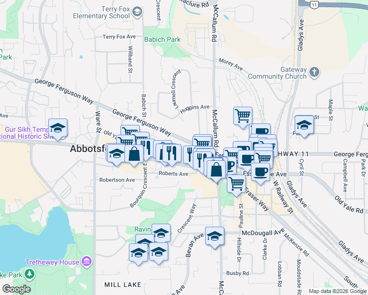 map of restaurants, bars, coffee shops, grocery stores, and more near 33480 George Ferguson Way in Abbotsford