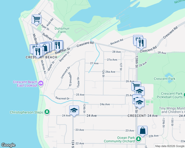 map of restaurants, bars, coffee shops, grocery stores, and more near 12522 26A Avenue in Surrey