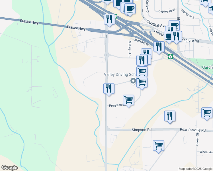 map of restaurants, bars, coffee shops, grocery stores, and more near 2651 Mount Lehman Road in Abbotsford