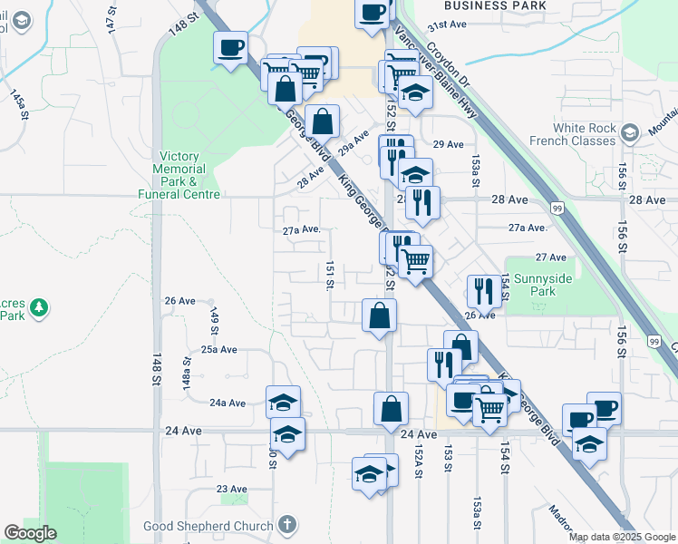map of restaurants, bars, coffee shops, grocery stores, and more near 2672 151 Street in Surrey