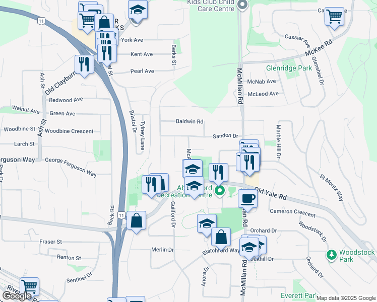 map of restaurants, bars, coffee shops, grocery stores, and more near 2669 McAdam Road in Abbotsford