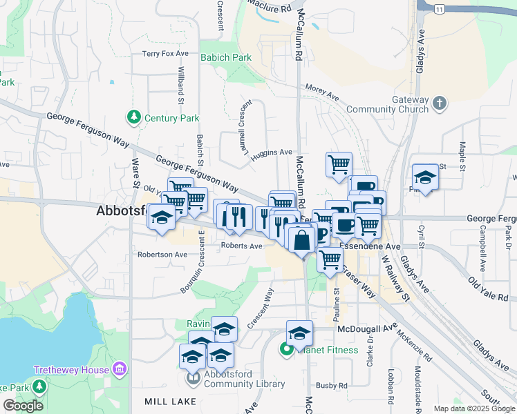 map of restaurants, bars, coffee shops, grocery stores, and more near 33480 George Ferguson Way in Abbotsford