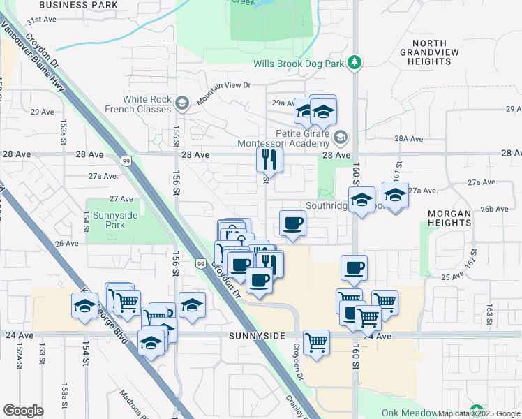 map of restaurants, bars, coffee shops, grocery stores, and more near 2687 158 Street in Surrey
