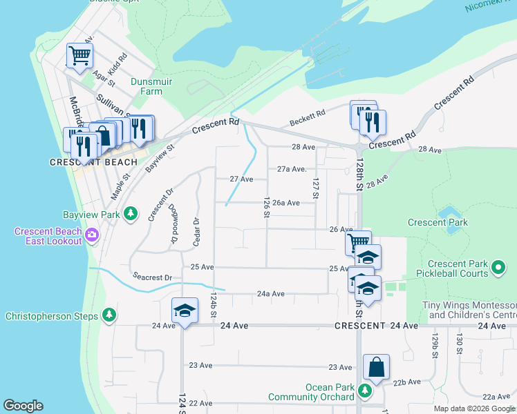 map of restaurants, bars, coffee shops, grocery stores, and more near 12576 26A Avenue in Surrey