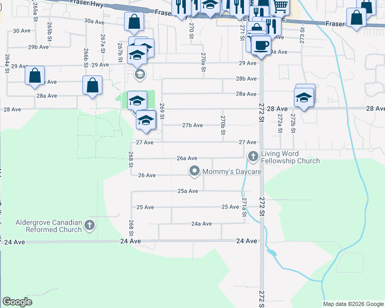 map of restaurants, bars, coffee shops, grocery stores, and more near 26983 26A Avenue in Langley Township