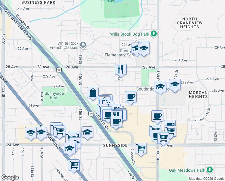 map of restaurants, bars, coffee shops, grocery stores, and more near 2687 158 Street in Surrey