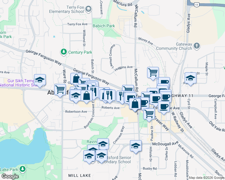 map of restaurants, bars, coffee shops, grocery stores, and more near 33464 George Ferguson Way in Abbotsford