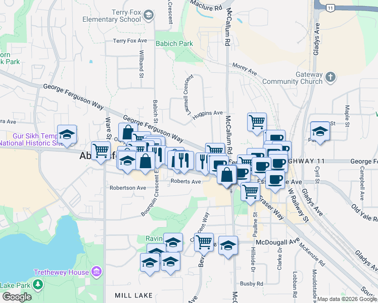 map of restaurants, bars, coffee shops, grocery stores, and more near 33464 George Ferguson Way in Abbotsford