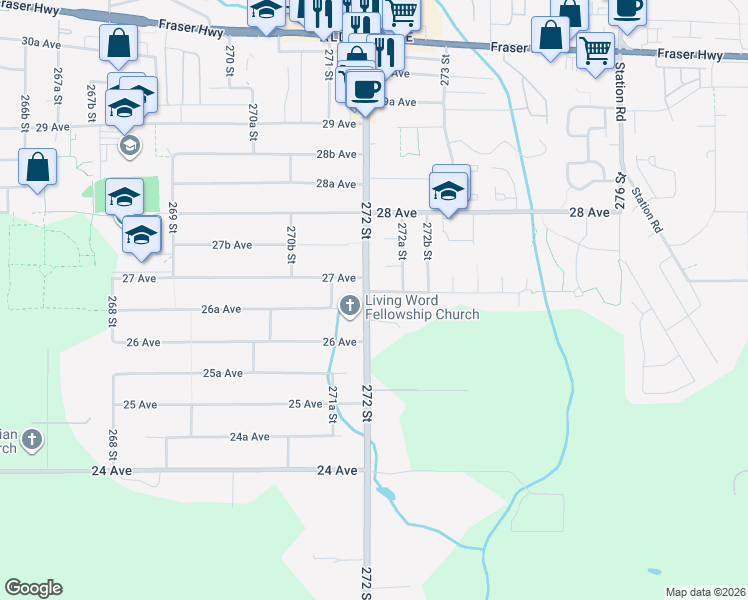 map of restaurants, bars, coffee shops, grocery stores, and more near 27210 26B Avenue in Langley Township