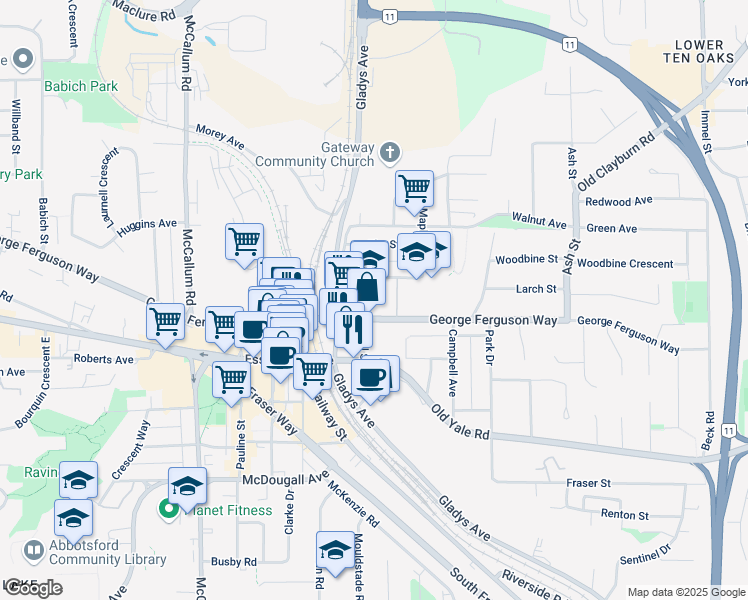 map of restaurants, bars, coffee shops, grocery stores, and more near 33919 George Ferguson Way in Abbotsford