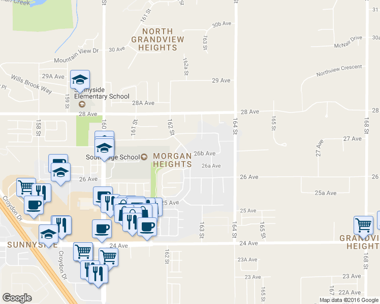 map of restaurants, bars, coffee shops, grocery stores, and more near 2632 162 Street in Surrey