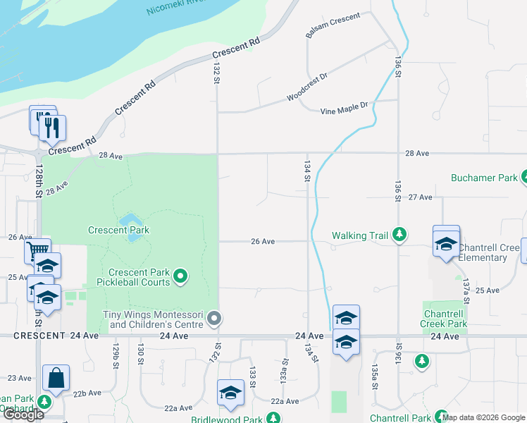 map of restaurants, bars, coffee shops, grocery stores, and more near 2654 133 Street in Surrey