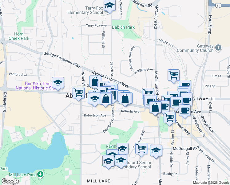 map of restaurants, bars, coffee shops, grocery stores, and more near 33375 South Fraser Way in Abbotsford