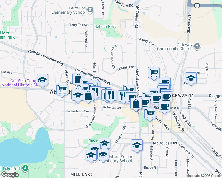 map of restaurants, bars, coffee shops, grocery stores, and more near 33450 George Ferguson Way in Abbotsford