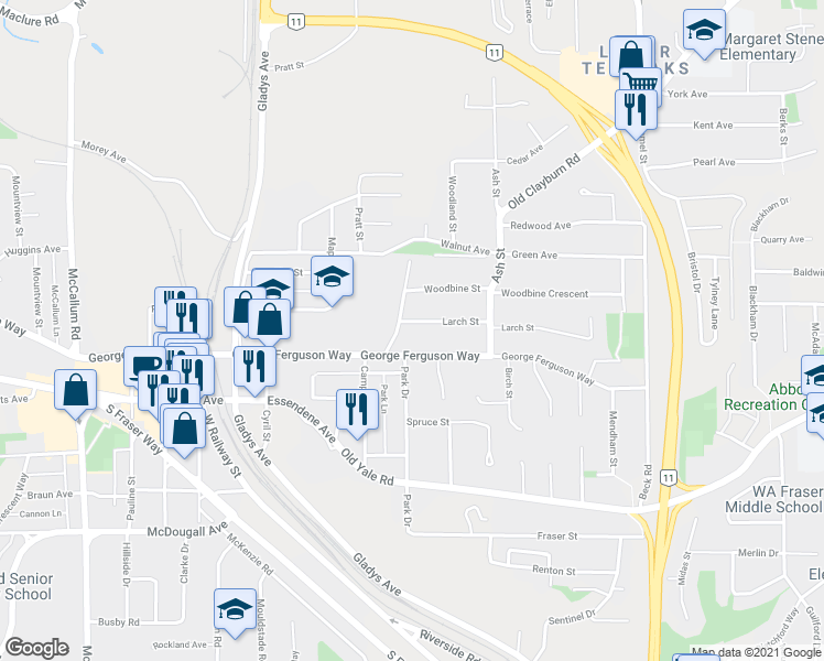 map of restaurants, bars, coffee shops, grocery stores, and more near 34076 Larch Street in Abbotsford